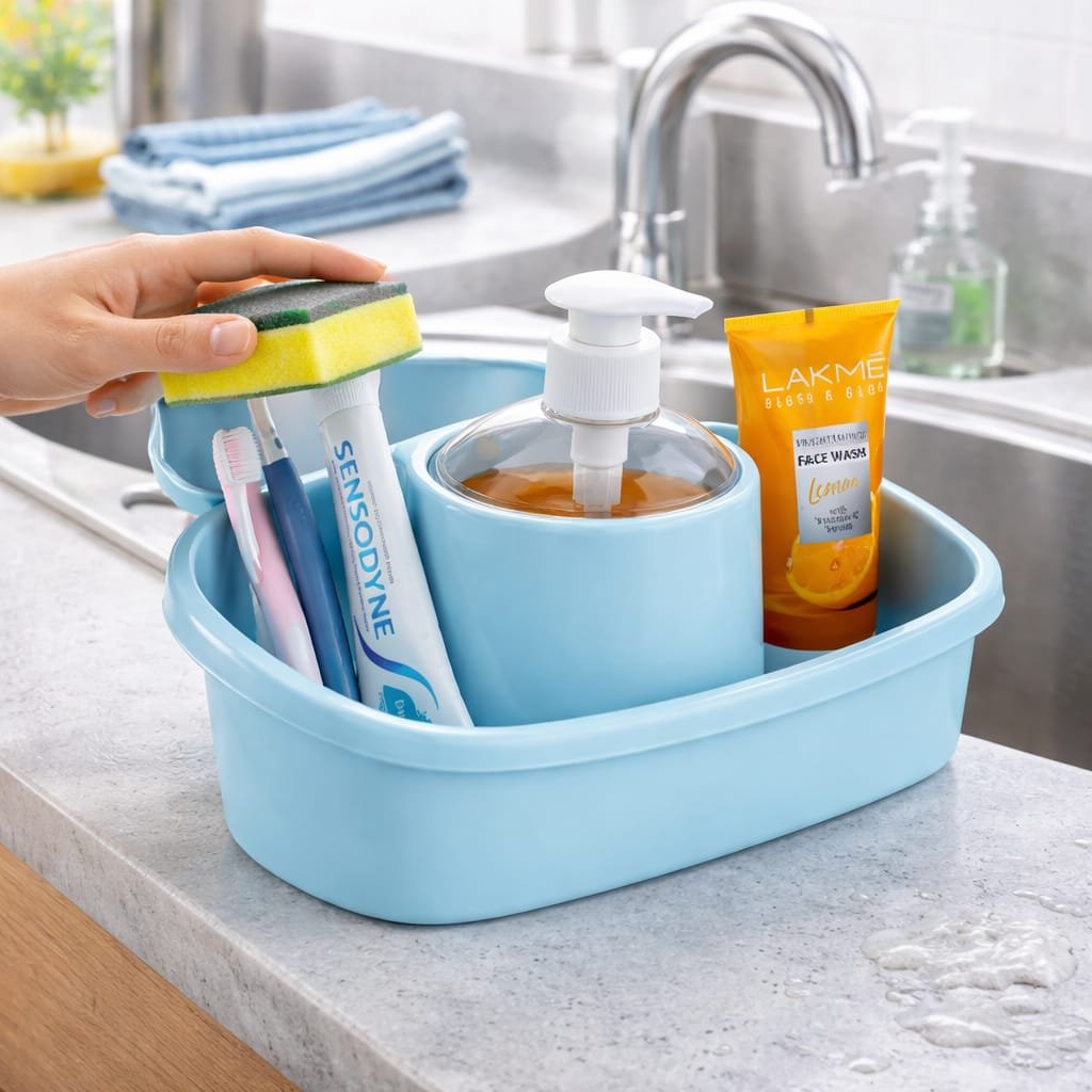 3 in 1 Liquid Soap Dispenser with Sponge Holder | Kitchen Hand Wash & Dish Wash Organizer | Press Type Soap Pump - Image 3