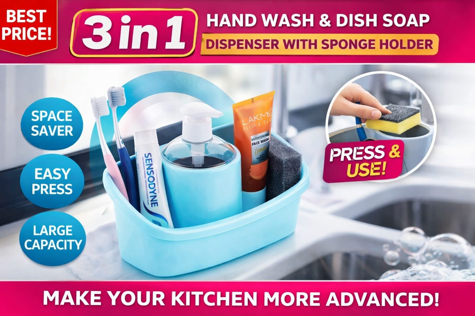 3 in 1 Liquid Soap Dispenser with Sponge Holder | Kitchen Hand Wash & Dish Wash Organizer | Press Type Soap Pump - Image 4
