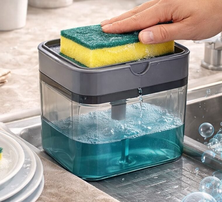 Manual Soap Pump Dispenser with Sponge Holder | Kitchen Liquid Soap Dispenser | Press Type Dish Wash Dispenser | Modern Cleaner Box