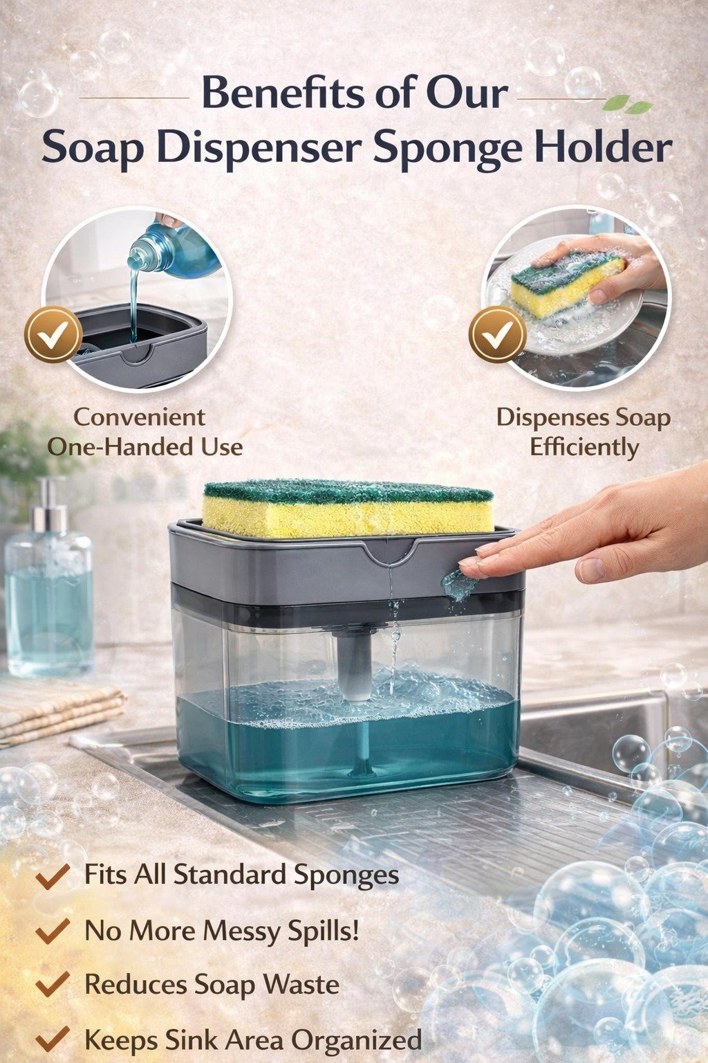 Manual Soap Pump Dispenser with Sponge Holder | Kitchen Liquid Soap Dispenser | Press Type Dish Wash Dispenser | Modern Cleaner Box - Image 6