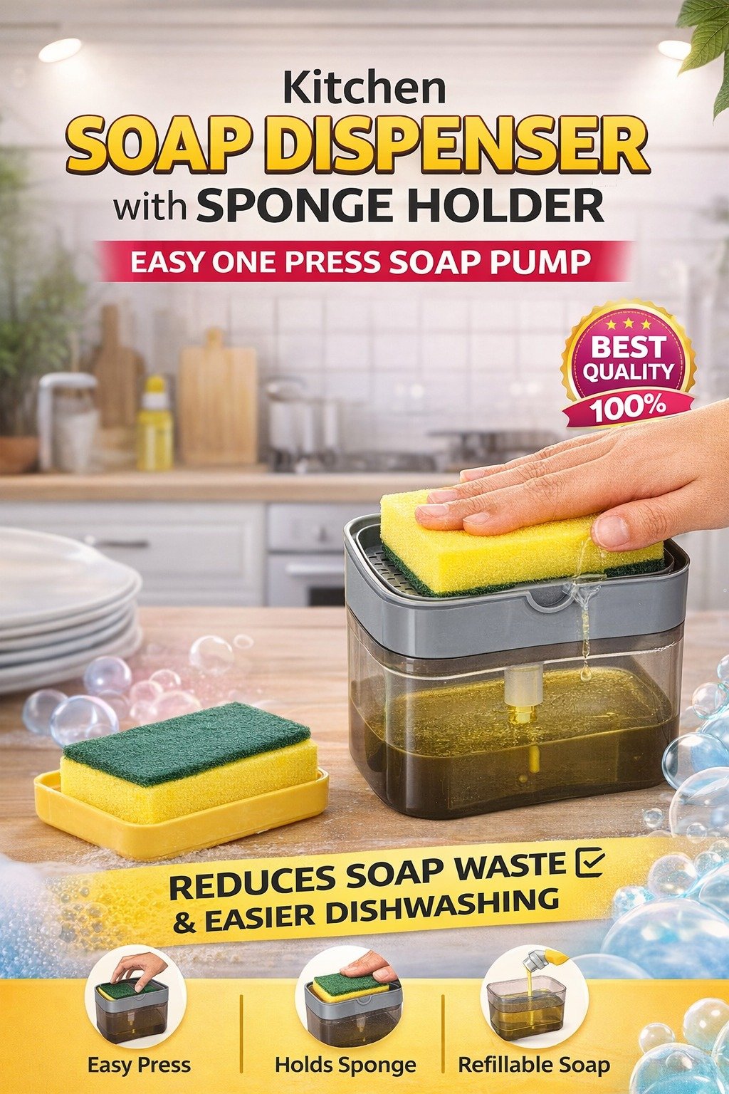 Manual Soap Pump Dispenser with Sponge Holder | Kitchen Liquid Soap Dispenser | Press Type Dish Wash Dispenser | Modern Cleaner Box - Image 3