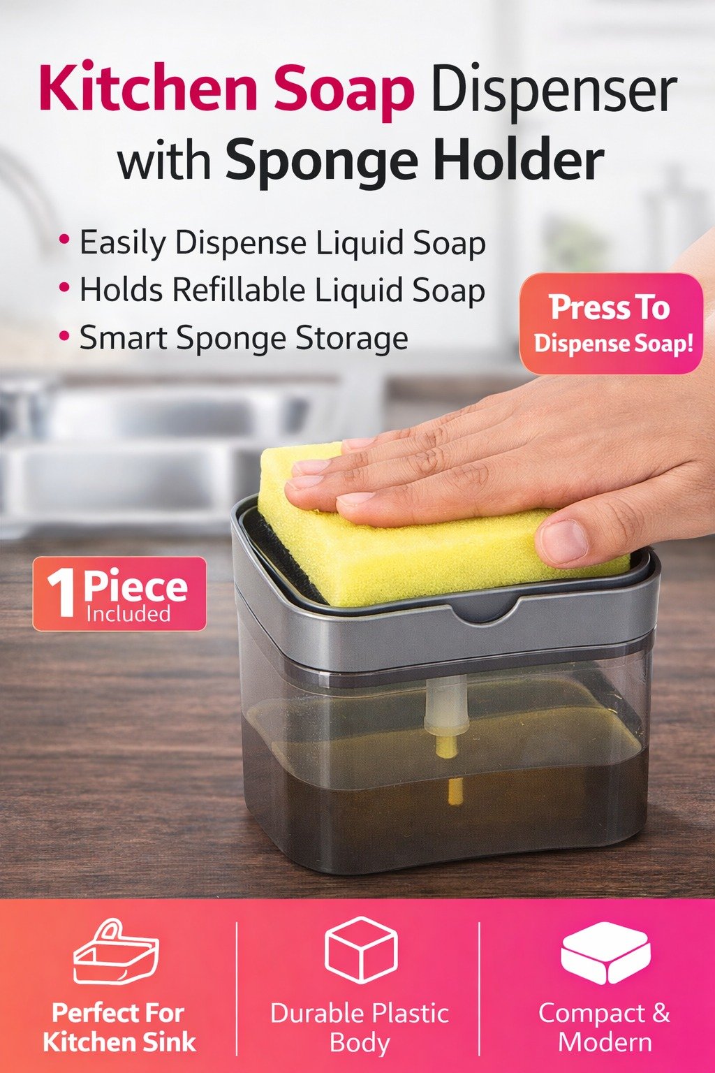 Manual Soap Pump Dispenser with Sponge Holder | Kitchen Liquid Soap Dispenser | Press Type Dish Wash Dispenser | Modern Cleaner Box - Image 2